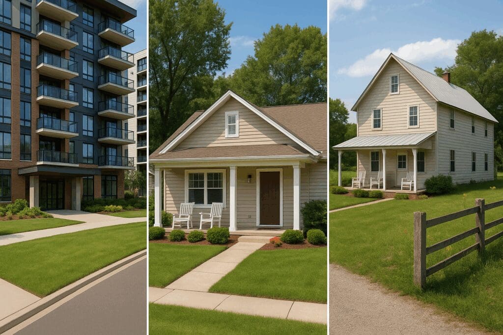 Three assisted living facilities in Michigan—a luxury urban high-rise, a suburban home, and a rural farmhouse—illustrating how location and amenities affect the cost of assisted living in Michigan.








