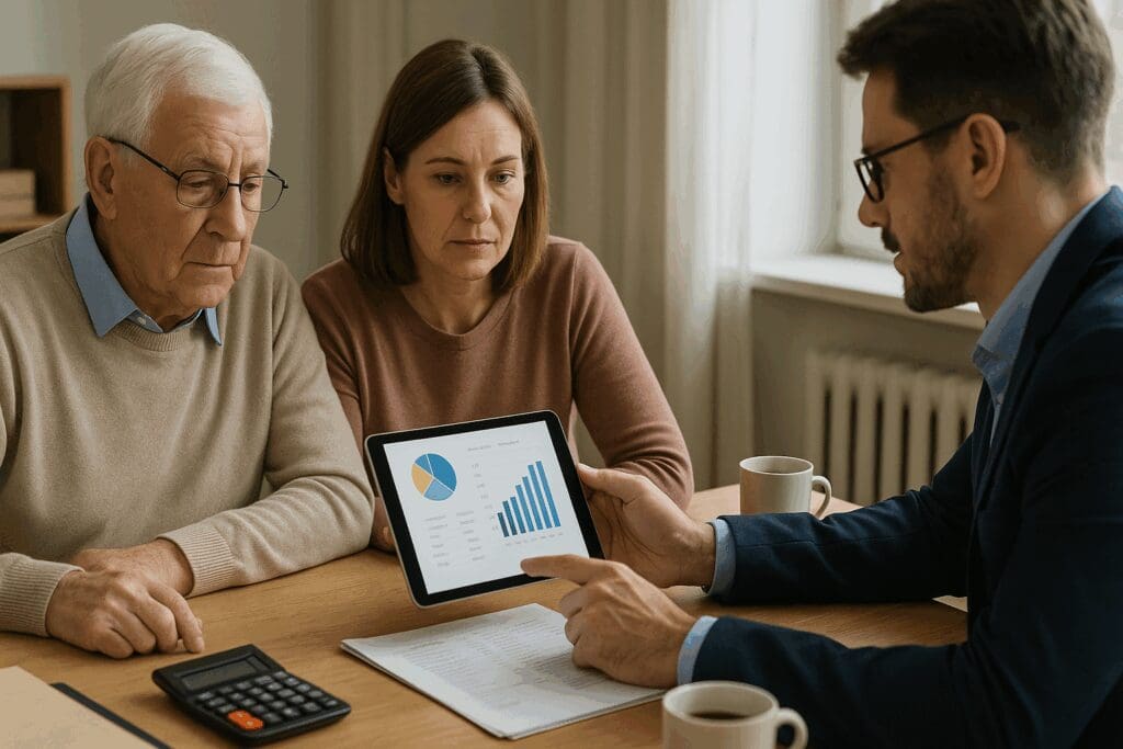 Senior man and adult daughter reviewing charts on a tablet with a financial advisor, discussing the cost of assisted living in Michigan.

