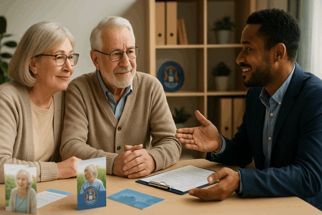 Senior couple meeting with benefits counselor to discuss cost of assisted living in Michigan, surrounded by brochures and paperwork in a professional setting.

