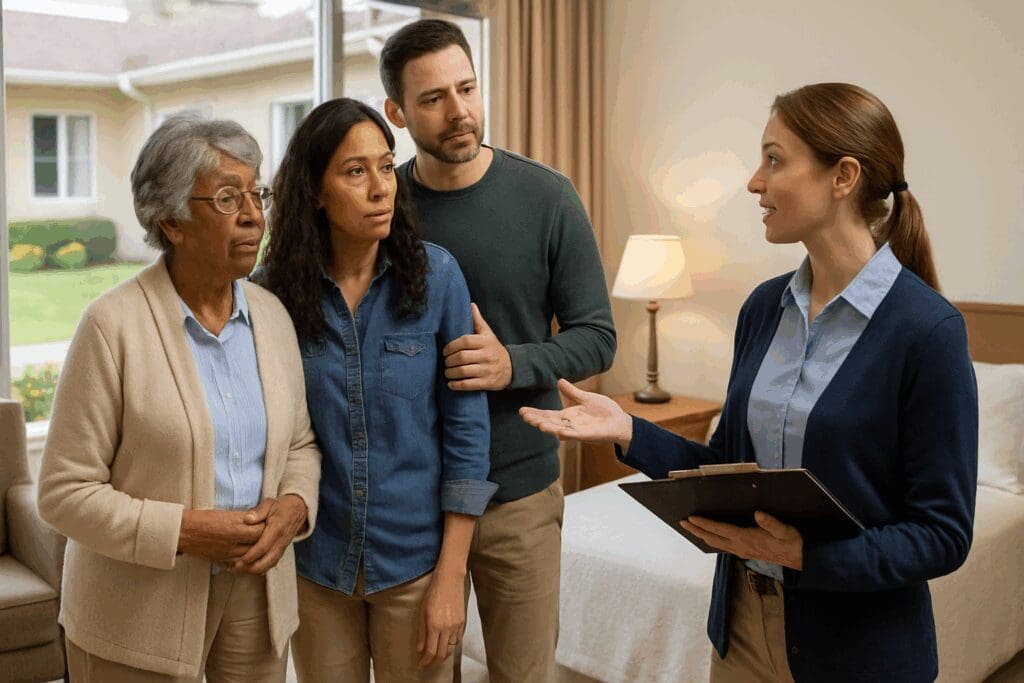 Family discussing the cost of assisted living in Michigan with a facility staff member during a guided tour