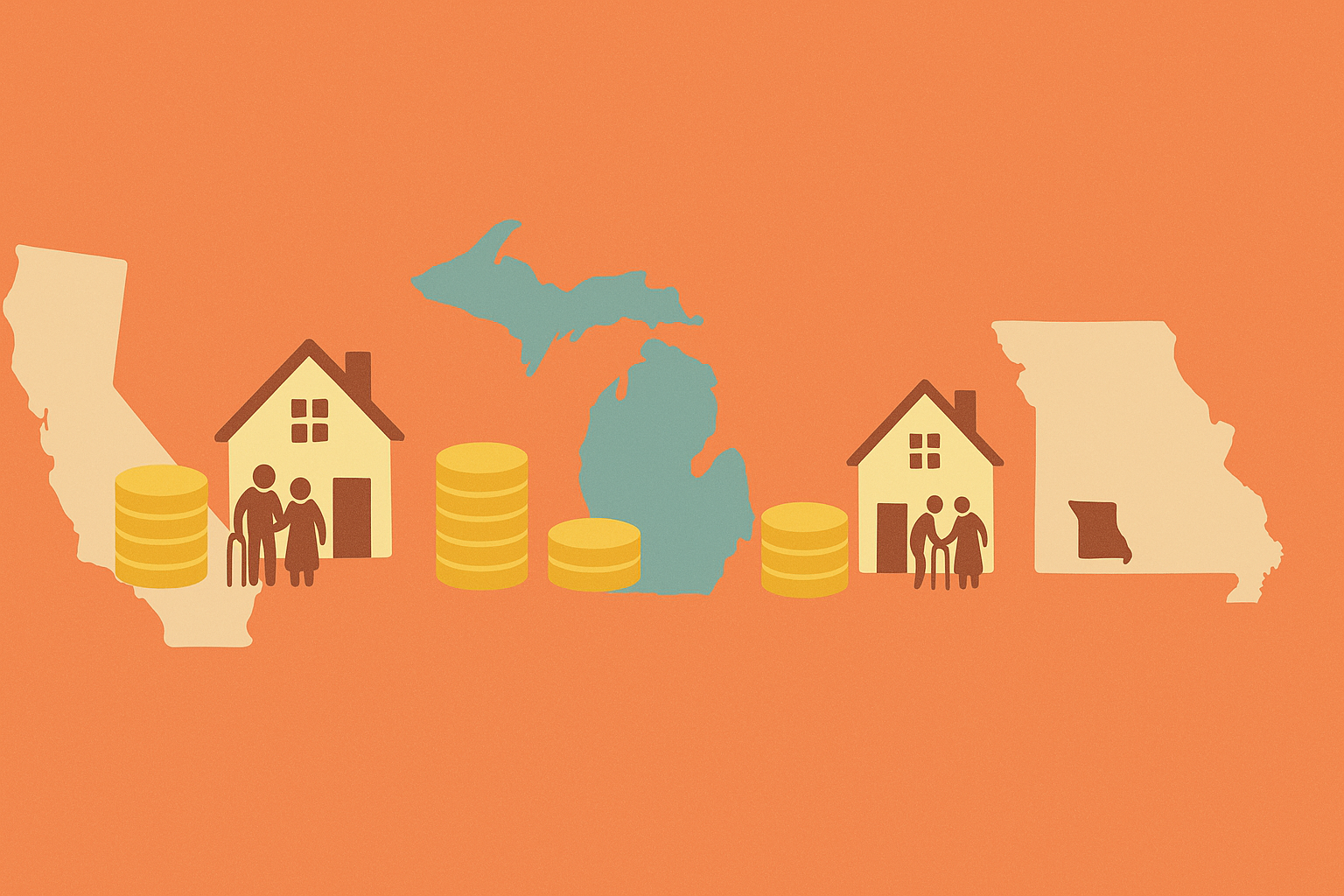 Infographic comparing the cost of assisted living in Michigan to California, Missouri, and the national average using state shapes and coin stacks