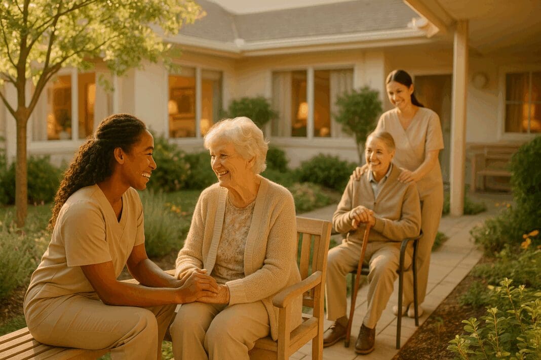 Elderly residents and caregivers sharing smiles and conversation in a serene garden at a memory care near me facility during golden hour