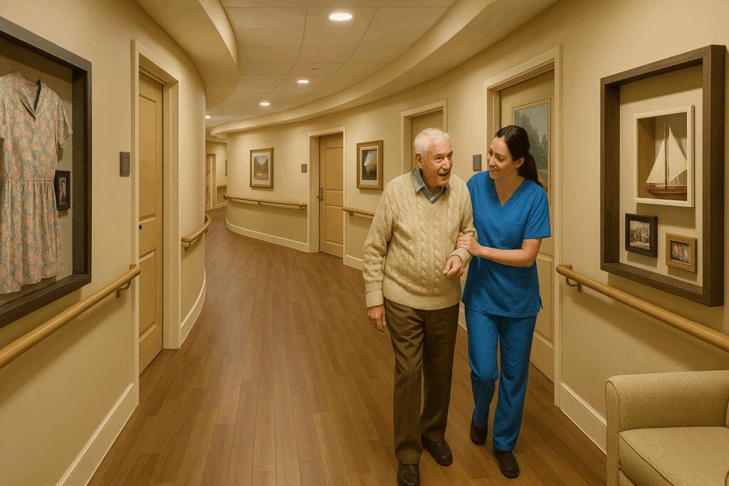 Caregiver assisting an elderly man in a secure hallway with memory boxes and soft lighting at a dementia-friendly facility offering memory care near me.

