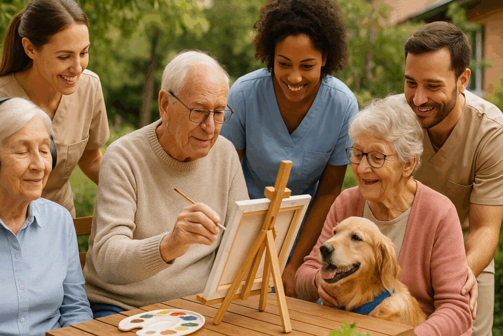 Seniors engaging in personalized therapies like painting, music, and pet interaction outdoors with caregivers, representing memory care near me.








