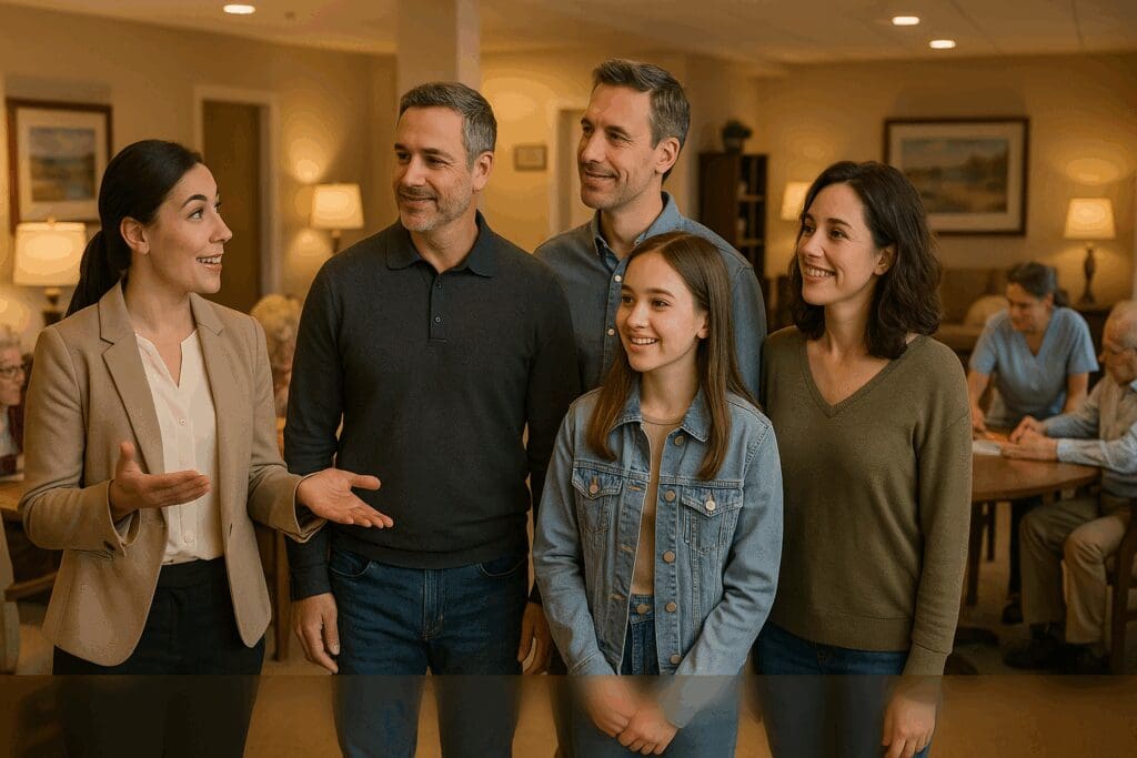 Family touring a memory care near me facility with a guide, while seniors engage in group activities in a warm, inviting setting.

