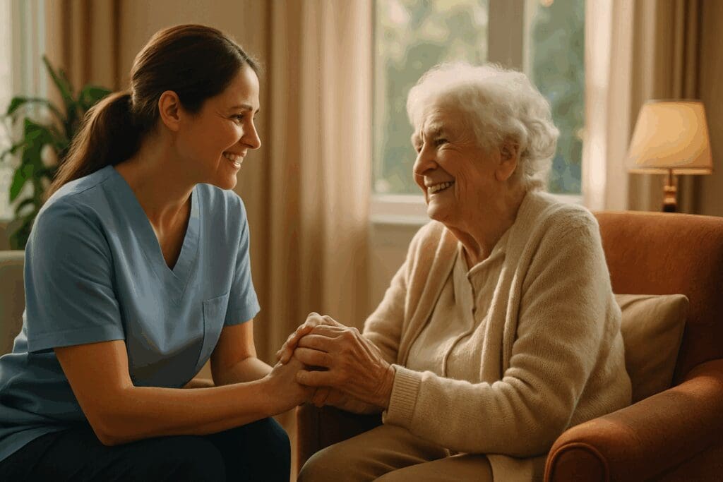 Caregiver holding hands with smiling elderly woman in sunlit lounge, representing compassionate memory care near me