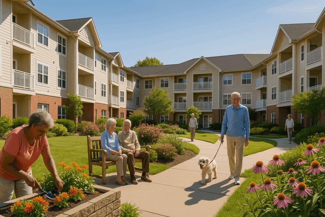 Seniors gardening, walking dogs, and chatting in a vibrant courtyard of the best independent living near me community on a sunny day