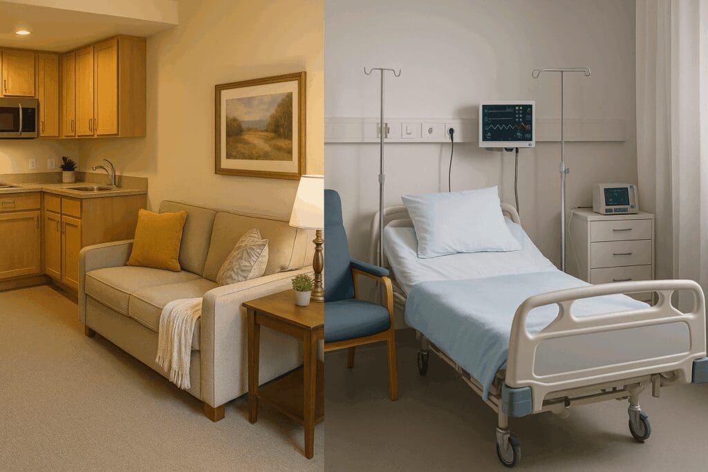 Side-by-side view comparing a cozy apartment with kitchenette representing the best independent living near me and a clinical assisted living room with medical equipment.

