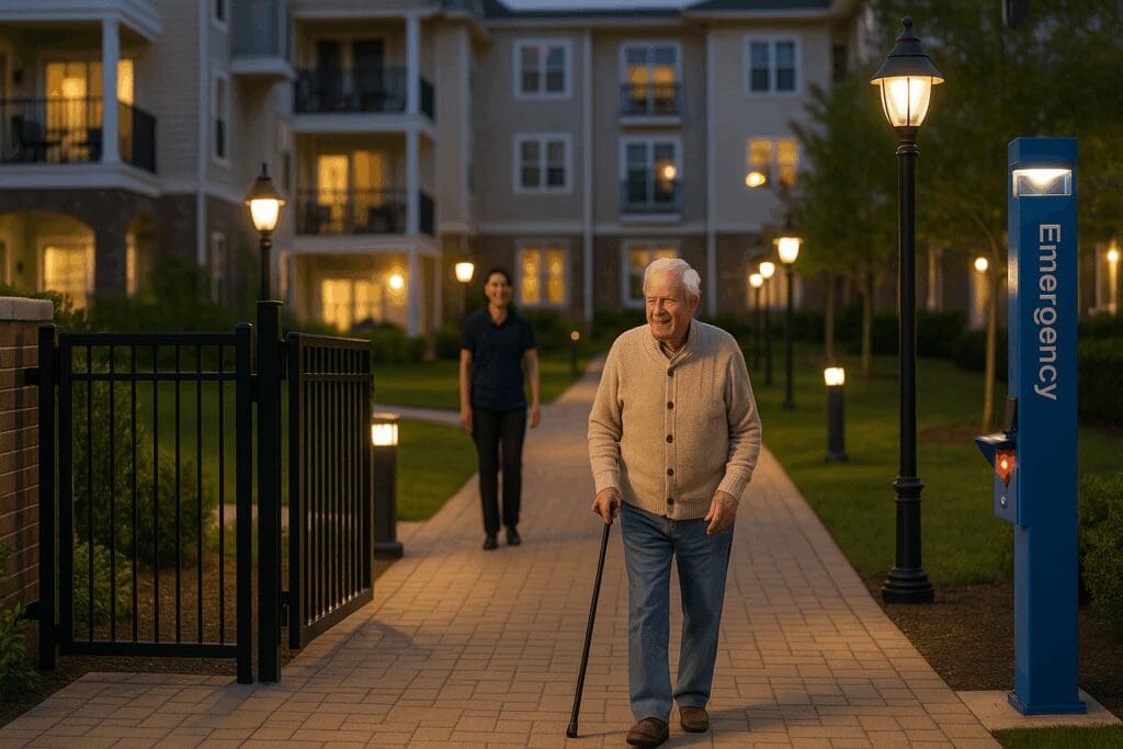 Senior man walking with a cane on a secure, well-lit path in a gated retirement community, illustrating the best independent living near me.








