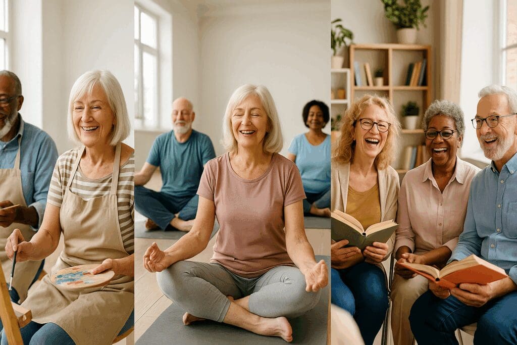 Seniors enjoying the best independent living near me with a painting class, yoga session, and book club in bright, social community spaces

