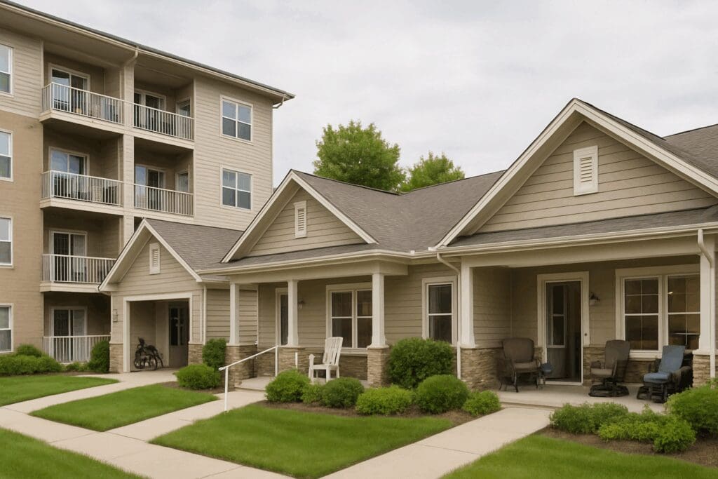 Panoramic view of the best independent living near me, featuring accessible apartments, cottages, and garden villas with visible ramps and cozy interiors.

