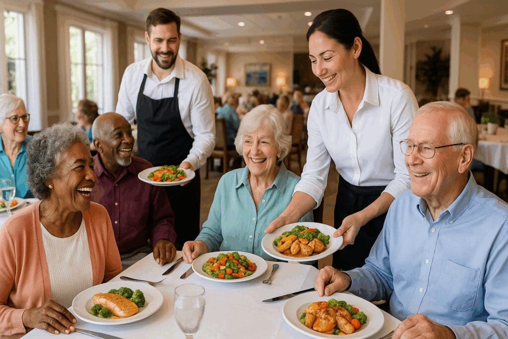 Seniors enjoying a vibrant lunch in a bright communal dining hall at the best independent living near me, with servers delivering healthy meals.

