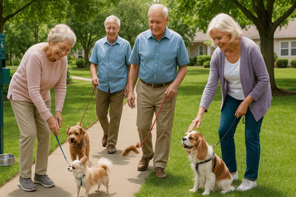 Seniors enjoying a walk with small dogs in a pet-friendly green space at the best independent living near me


