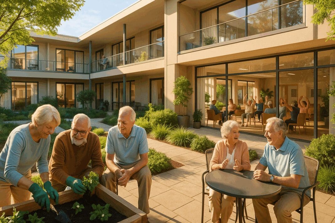 Seniors at an elderly assisted living community gardening, socializing, and doing wellness exercises in a sunlit courtyard with modern architecture and greenery.