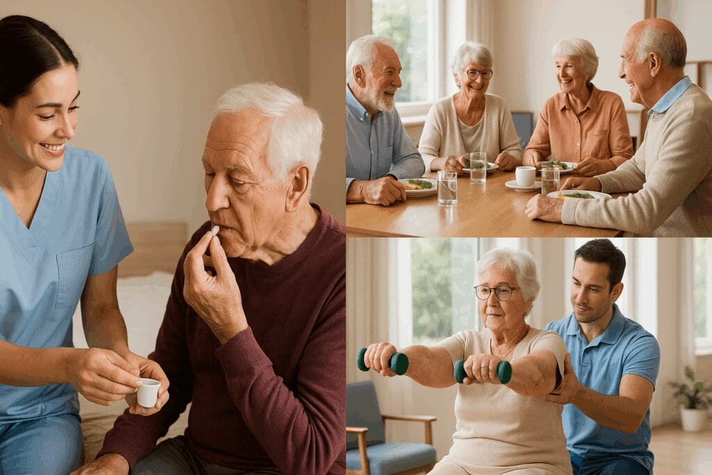 Compassionate caregiver helping an older man with medication as other residents enjoy group dining and light exercise in an elderly assisted living facility.