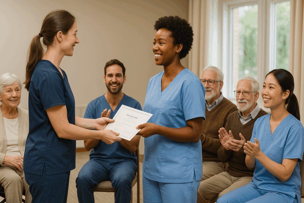 Diverse caregivers in a training session smiling with elderly assisted living residents during a geriatric certification ceremony.
