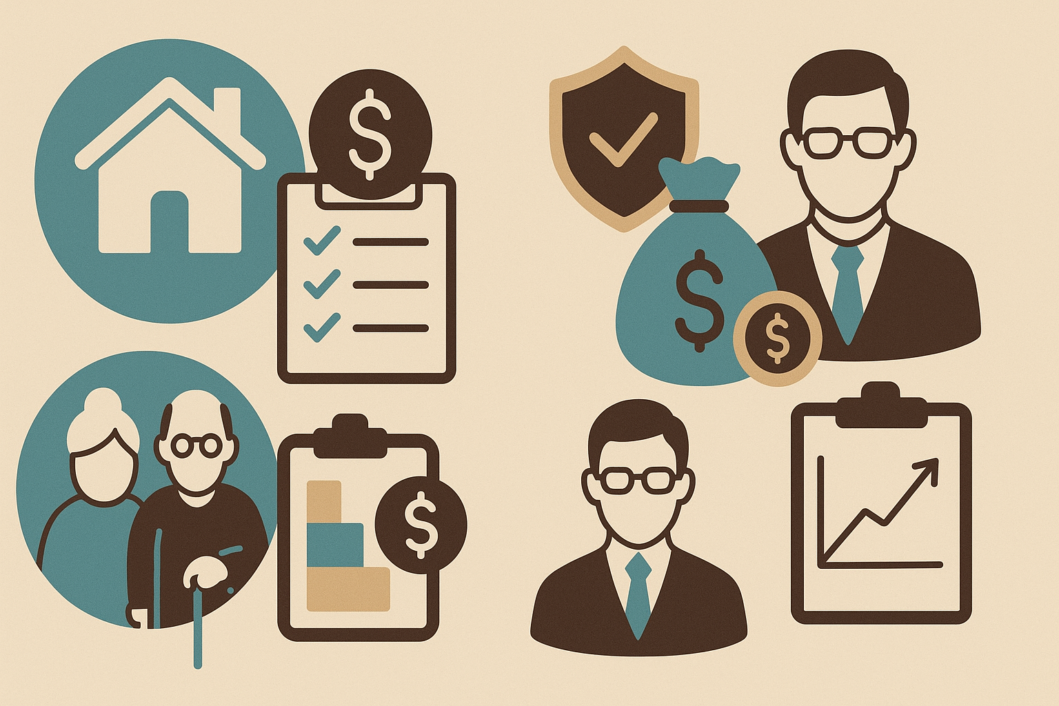 Infographic showing elderly assisted living cost models and financial planning with icons for housing, tiered pricing, insurance, and advisors.