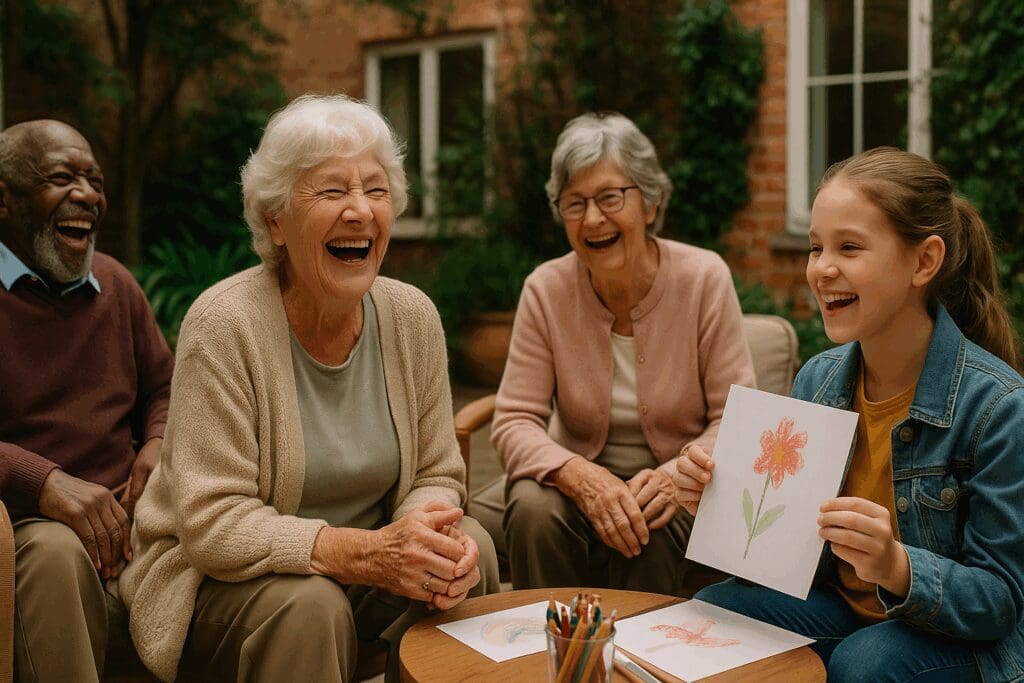 Elderly assisted living residents laughing with a young girl during a storytelling and art activity in a garden courtyard