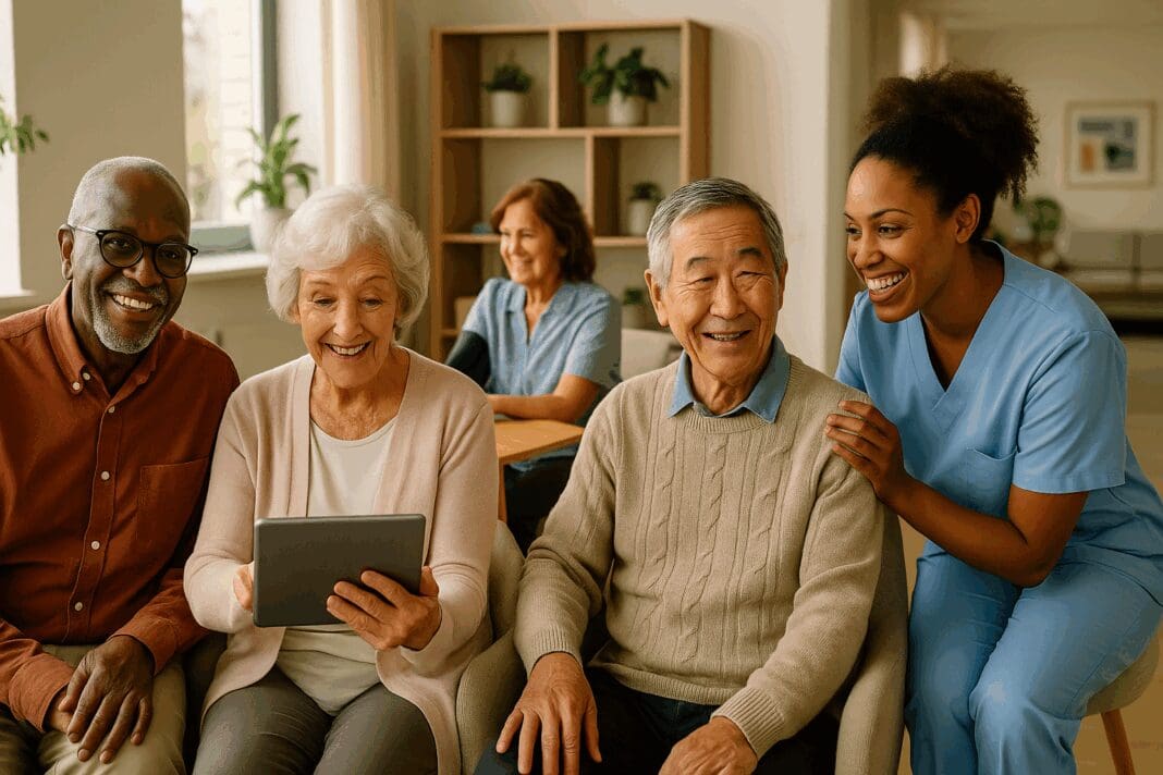 Diverse seniors engaging with caregivers and technology in a modern center, illustrating access to elder care resources.