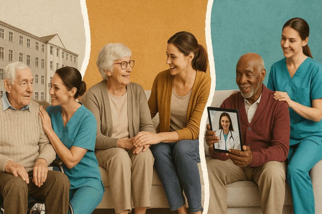Collage of elder care resources including a nursing home, assisted living, and home-based telehealth with seniors and caregivers