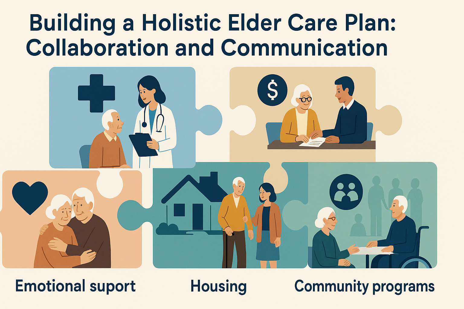 Diagram showing five connected puzzle pieces representing elder care resources like medical care, housing, financial planning, emotional support, and community programs.