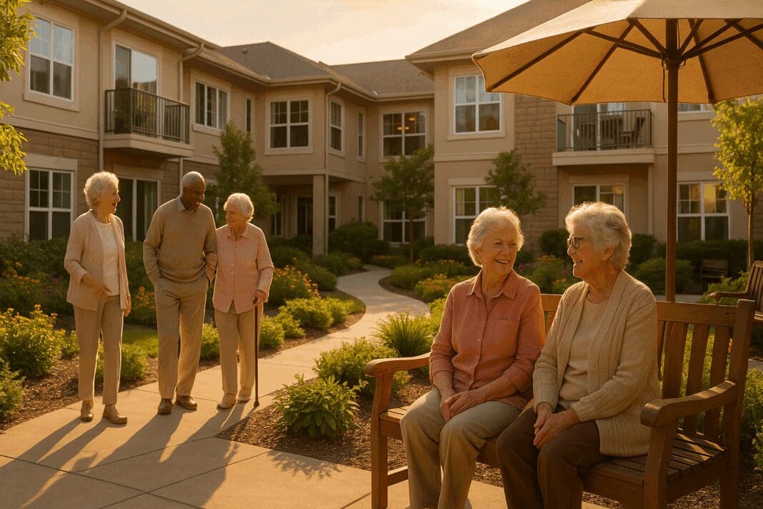 Seniors chatting and walking in the landscaped courtyard of modern homes for old folks during a golden afternoon.