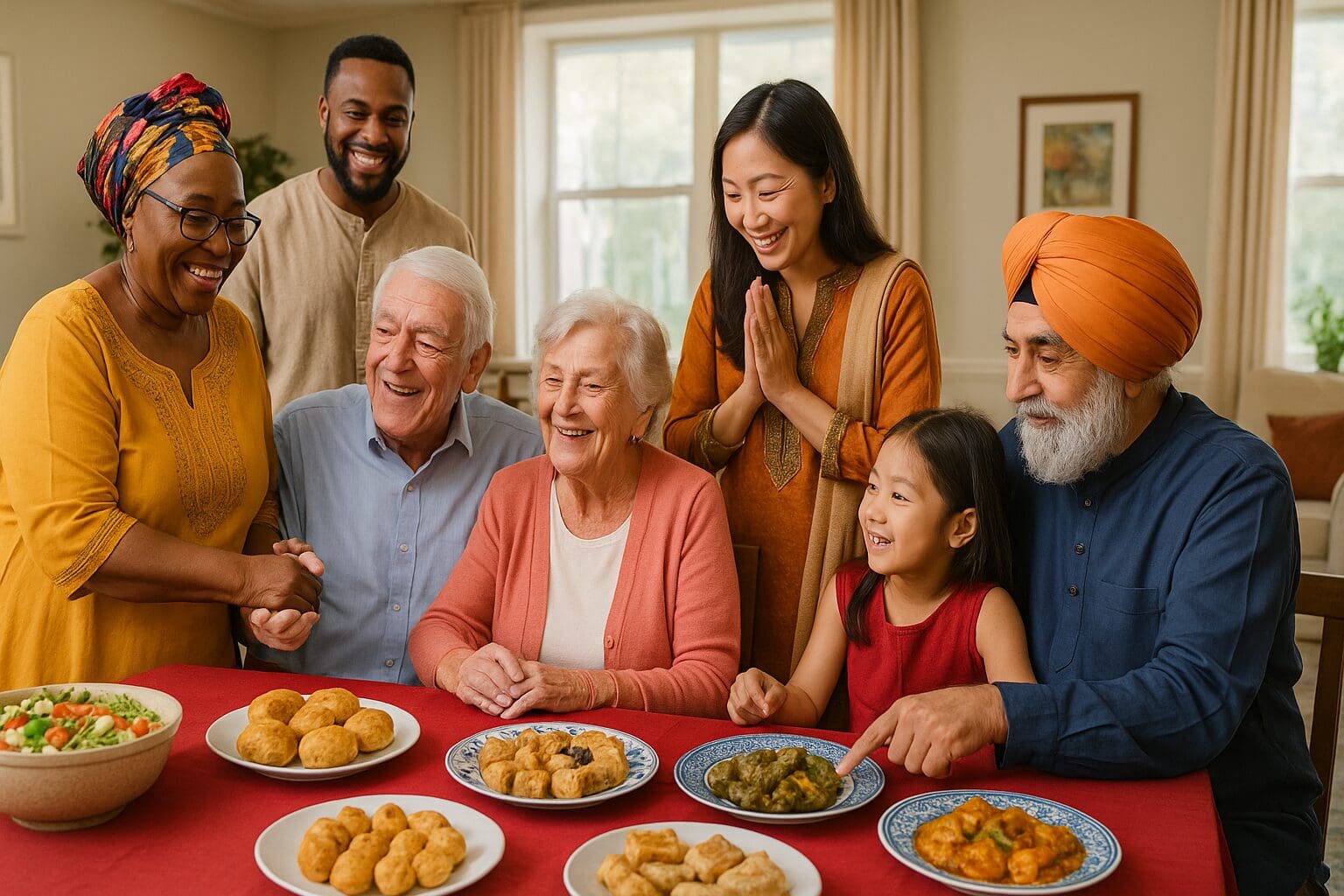 Cultural celebration at one of the homes for old folks, with diverse seniors and families sharing traditional food and attire in a joyful gathering.