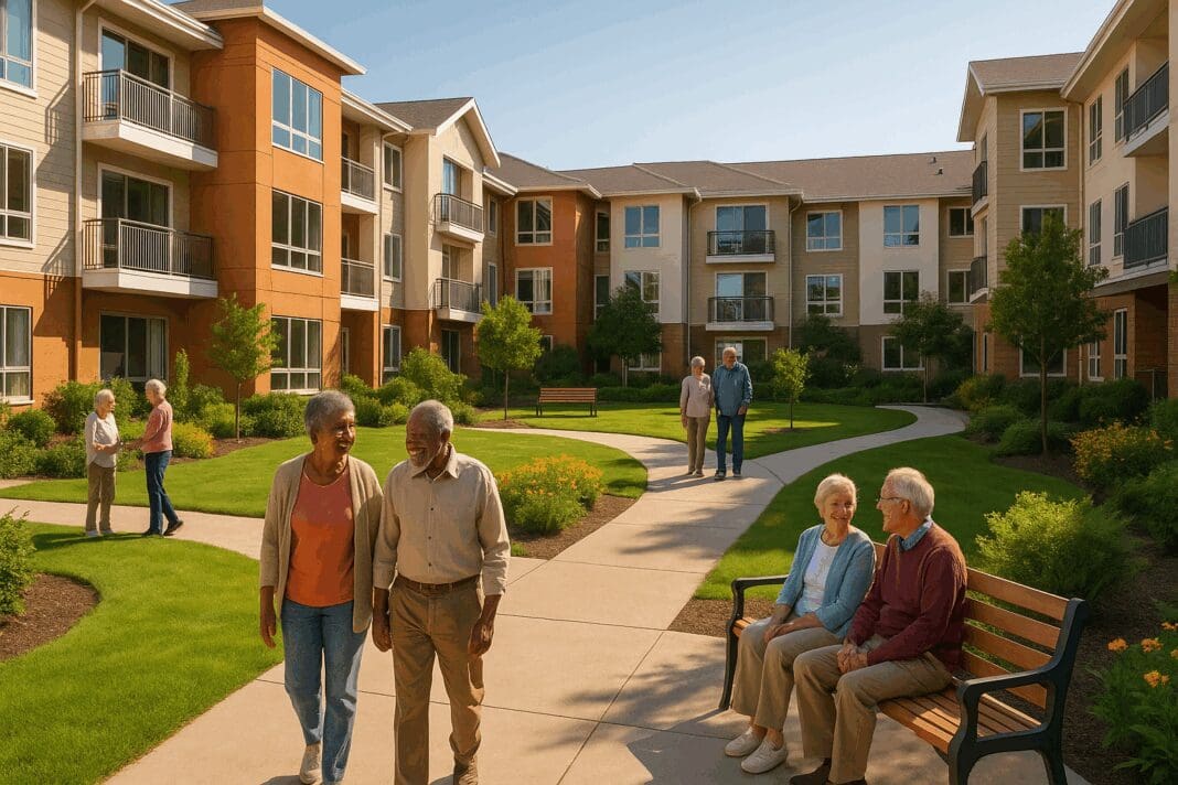 Active seniors enjoying a sunny day in landscaped courtyard of modern housing communities near me with walking paths and benches
