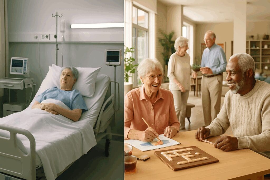 Side-by-side comparison of a sterile nursing home and a vibrant senior activity room in modern housing communities near me