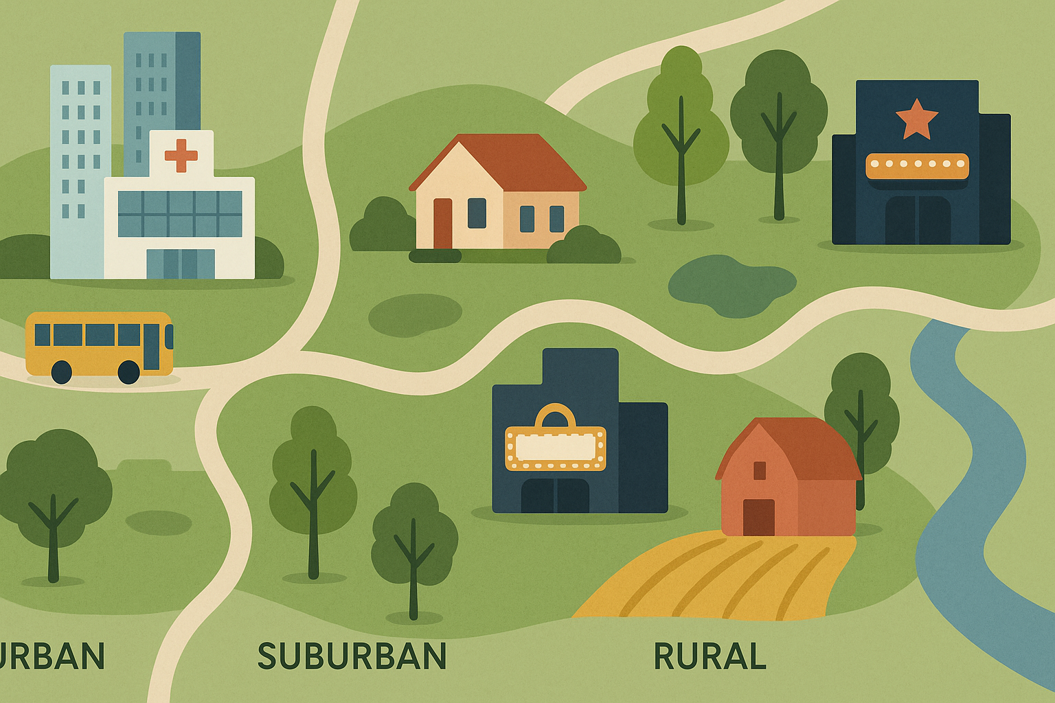 Illustration of urban, suburban, and rural housing communities near me with visuals of hospitals, parks, transit, and entertainment options.