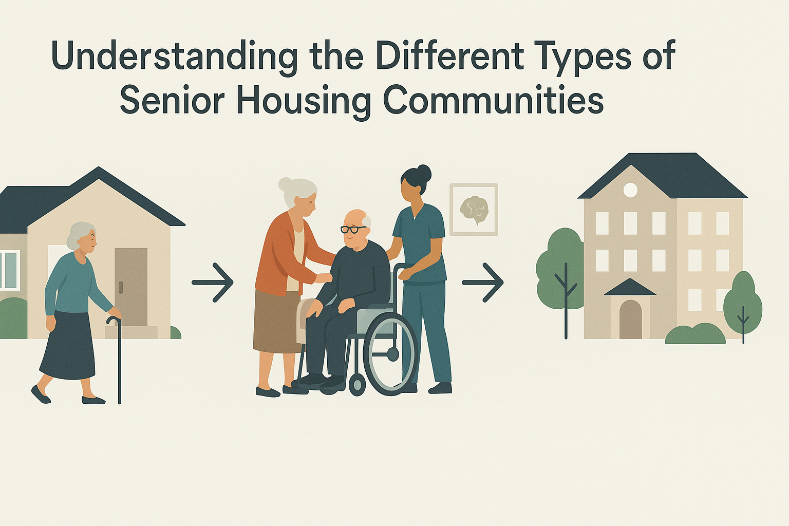Infographic showing progression of senior care from independent living to assisted living, memory care, and CCRCs, illustrating housing communities near me