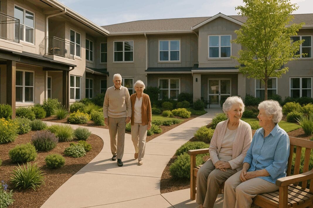 Senior residents walking and socializing in a serene assisted living community garden, illustrating how assisted living works financially