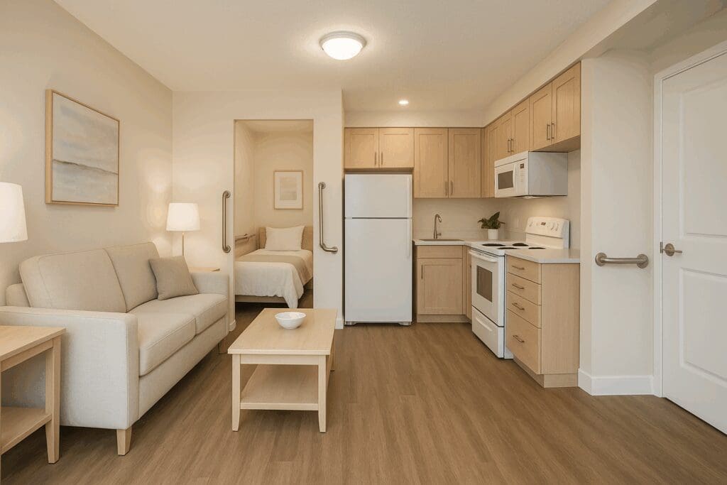 Open-concept assisted living apartment with safety grab bars and kitchen features, illustrating how assisted living works financially in 2025.

