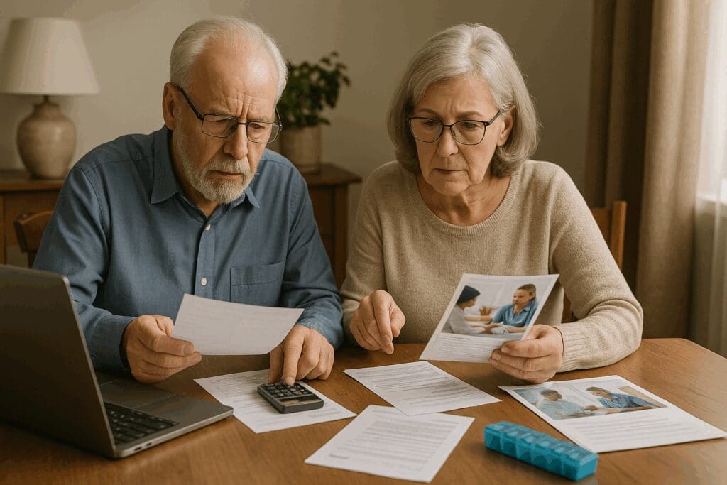 Elderly couple at a dining table reviewing care brochures and bills with a laptop and pillbox, illustrating how assisted living works financially