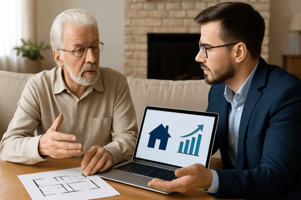 Senior man discussing how assisted living works financially with advisor at home, reviewing equity charts on laptop.

