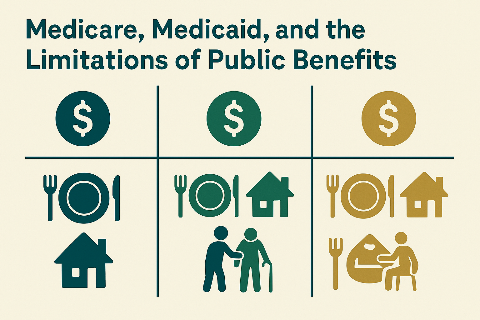 Infographic showing how assisted living works financially by comparing Medicare, Medicaid, and private pay coverage for meals, housing, and personal care with visual icons only