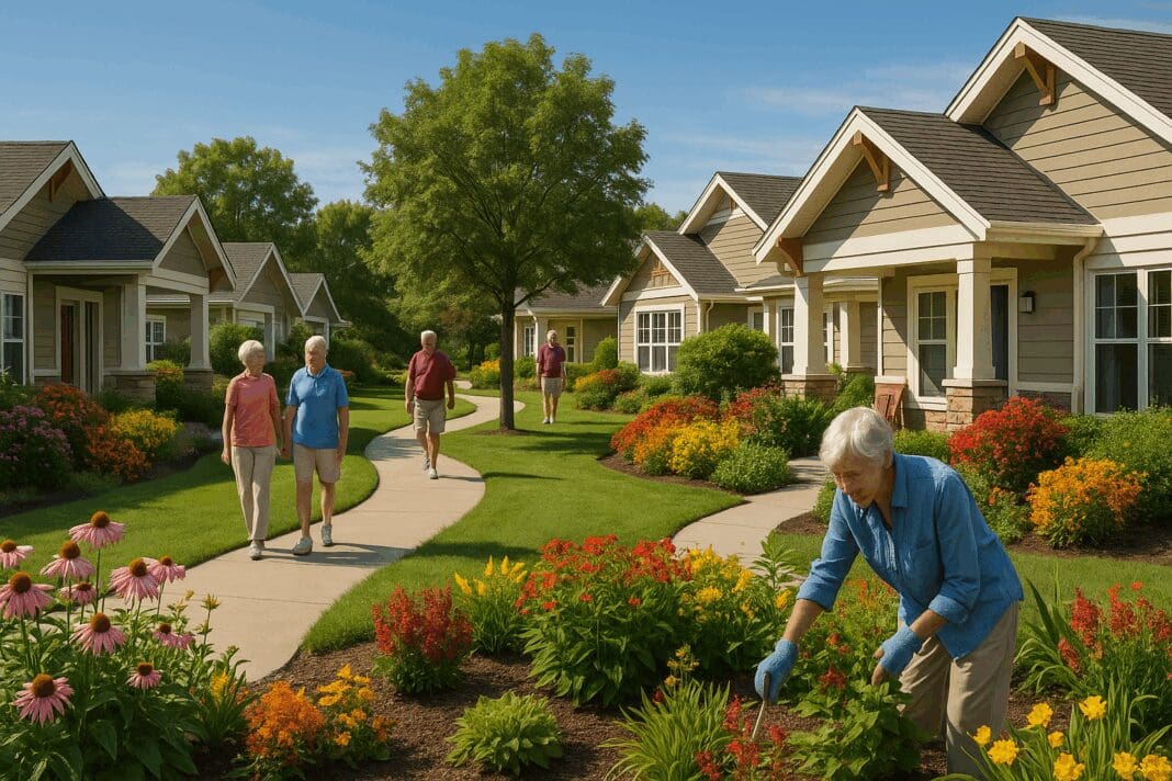 Vibrant landscaping and active seniors walking and gardening at an upscale community representing independent senior living near me