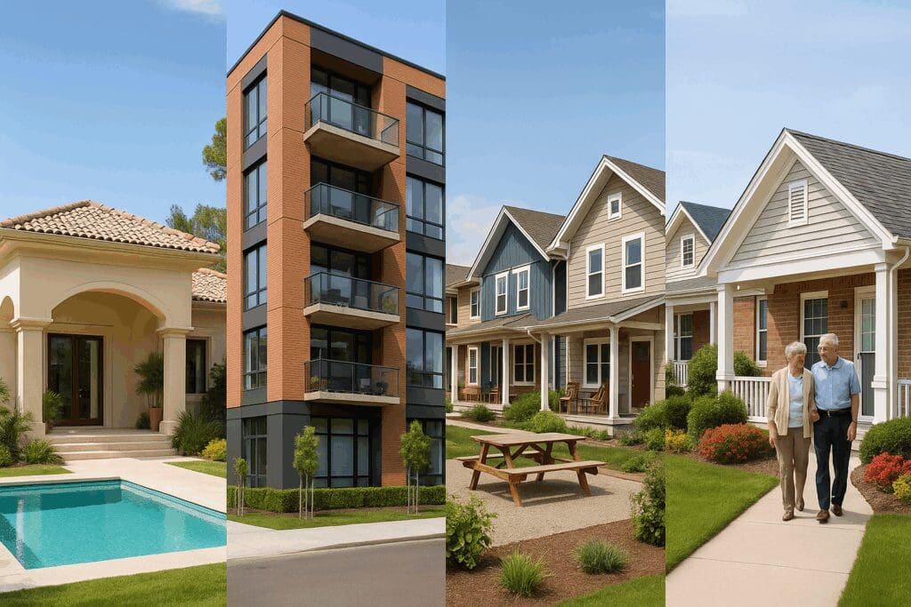 Comparative view of luxury villa, urban condo, co-housing, and senior community showcasing options for independent senior living near me