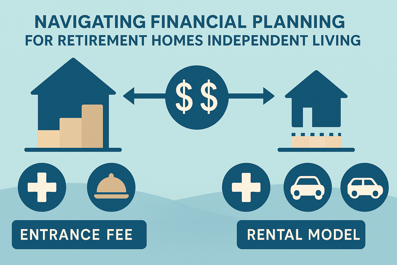 Visual diagram comparing entrance fee and rental models for independent senior living near me with icons for healthcare, dining, and transportation services