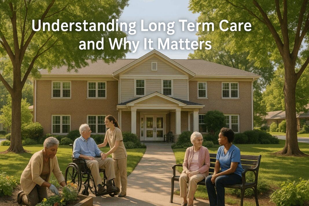 Diverse seniors enjoying outdoor activities at one of the best long term care facilities near me, surrounded by trees and caring staff in a peaceful suburban neighborhood.
