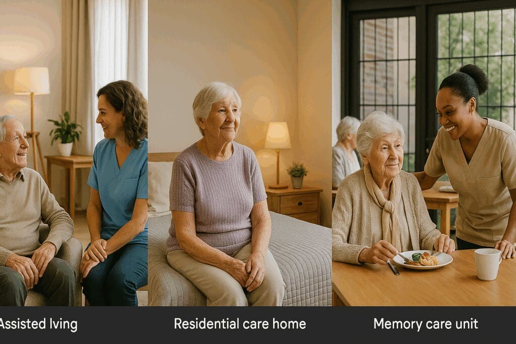 Interior comparison of the best long term care facilities near me, showing assisted living, residential care home, and memory care unit with seniors and caregivers.