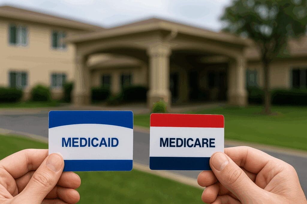 Hands holding symbolic Medicare and Medicaid cards in front of a modern nursing home, representing financial access to the best long term care facilities near me.








