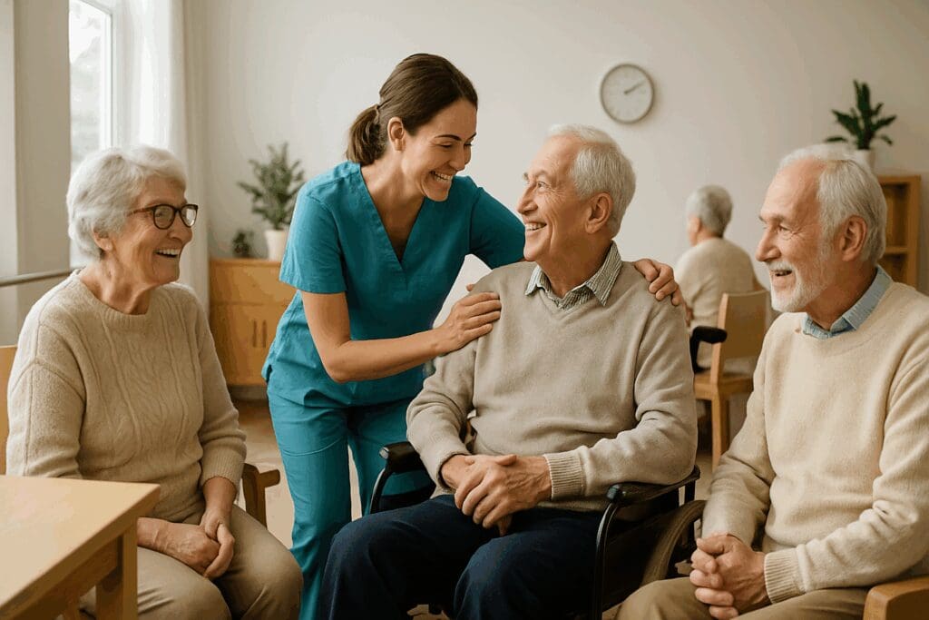 Hands holding symbolic Medicare and Medicaid cards in front of a modern nursing home, representing financial access to the best long term care facilities near me.








