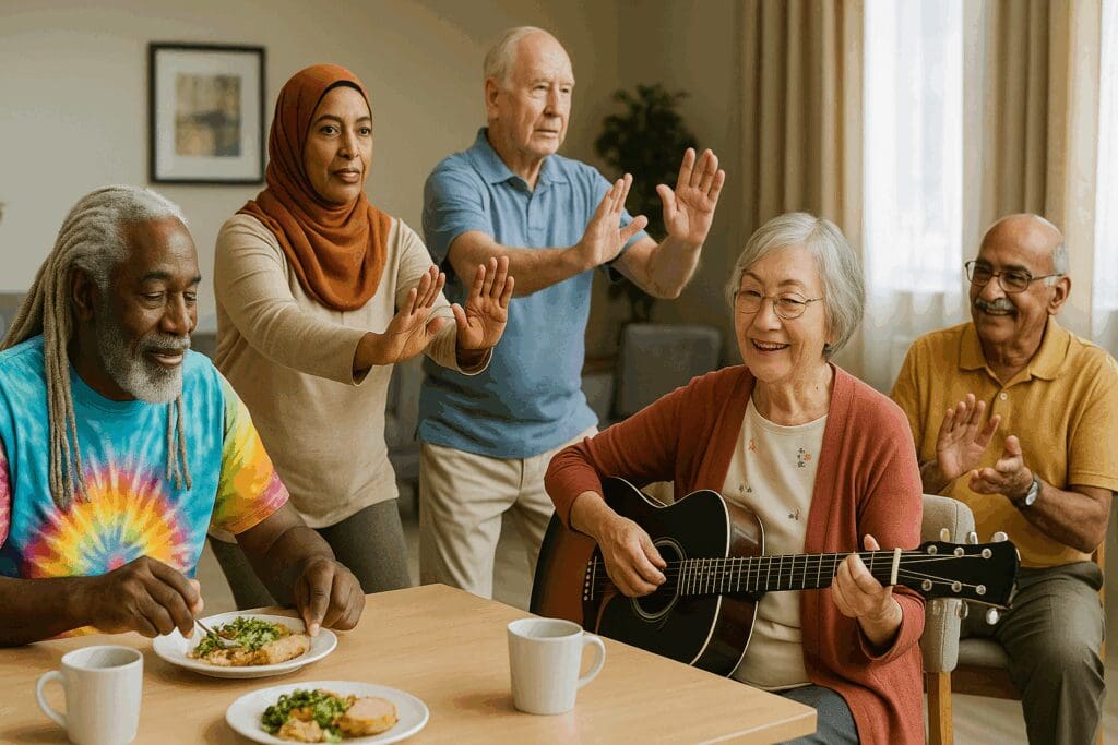 Multicultural seniors enjoying tai chi, music, and dining together at one of the best long term care facilities near me.