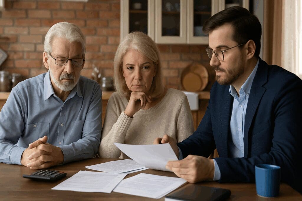 Elderly couple discussing finances with advisor in cozy home, planning for best long term care facilities near me

