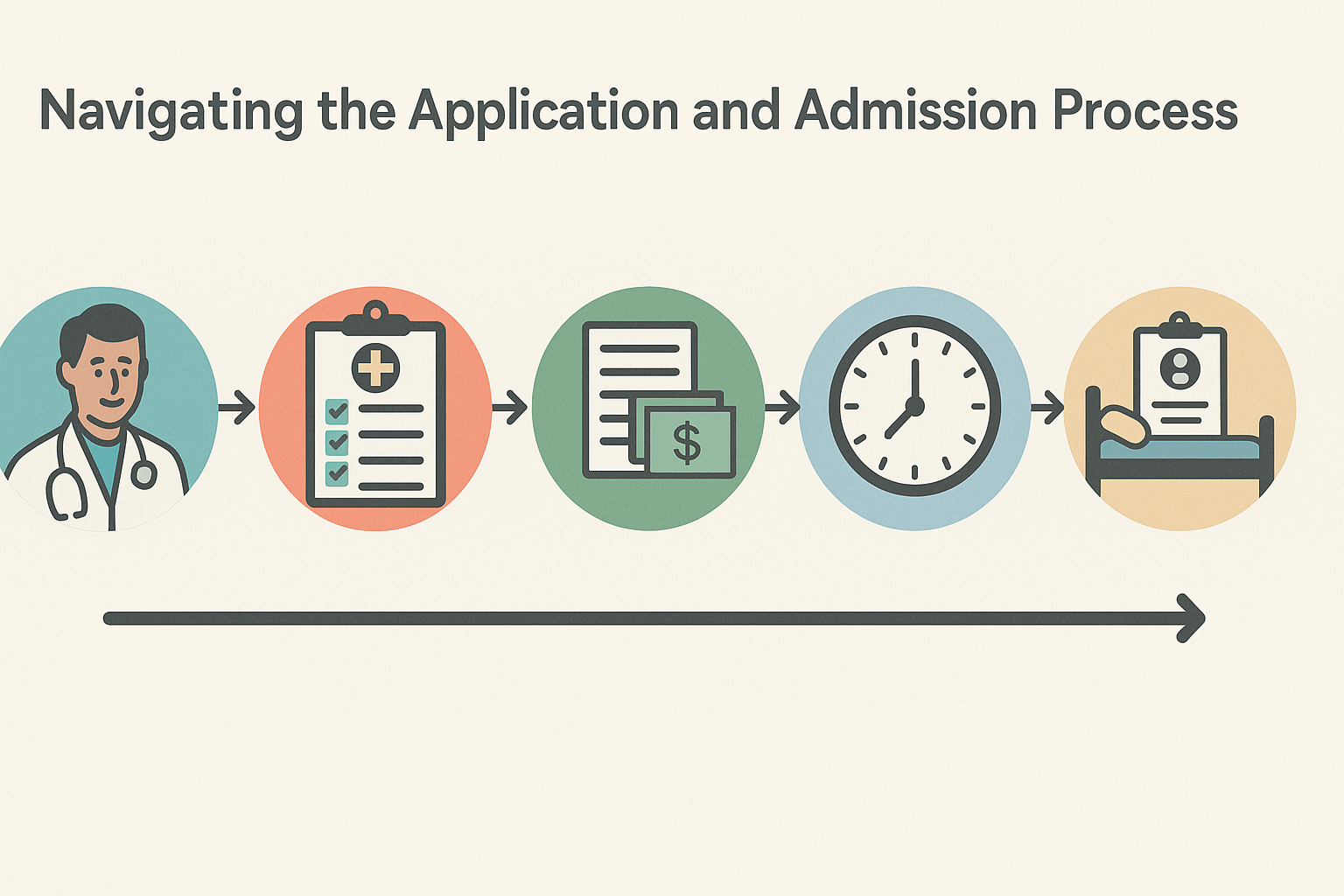 Infographic showing five-step process for applying to the best long term care facilities near me, from consultation to admission plan.