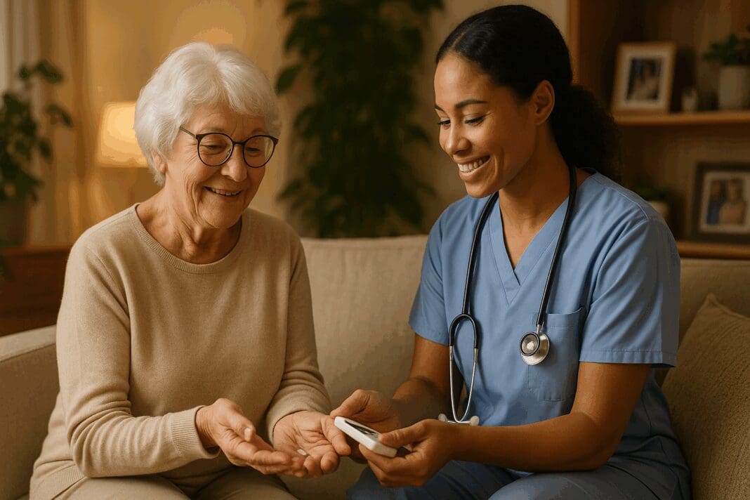 Senior woman smiling as a caregiver assists with medication in a cozy living room, representing long term home health care.
