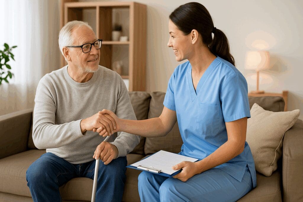Caregiver assisting elderly man with mobility exercises at home, illustrating supportive long term home health care.

