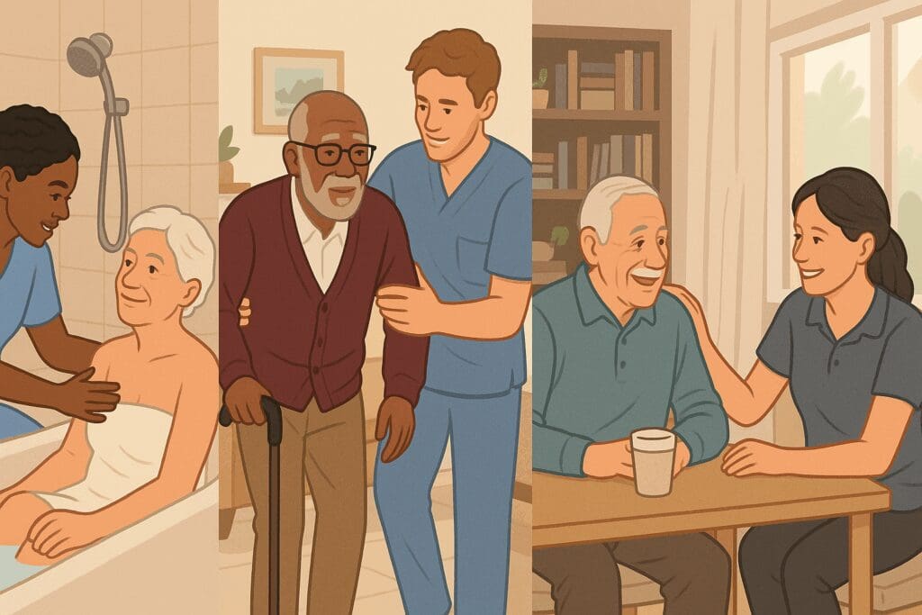 Diverse seniors receiving long term home health care, including bathing help, mobility support, and companionship in home settings.


