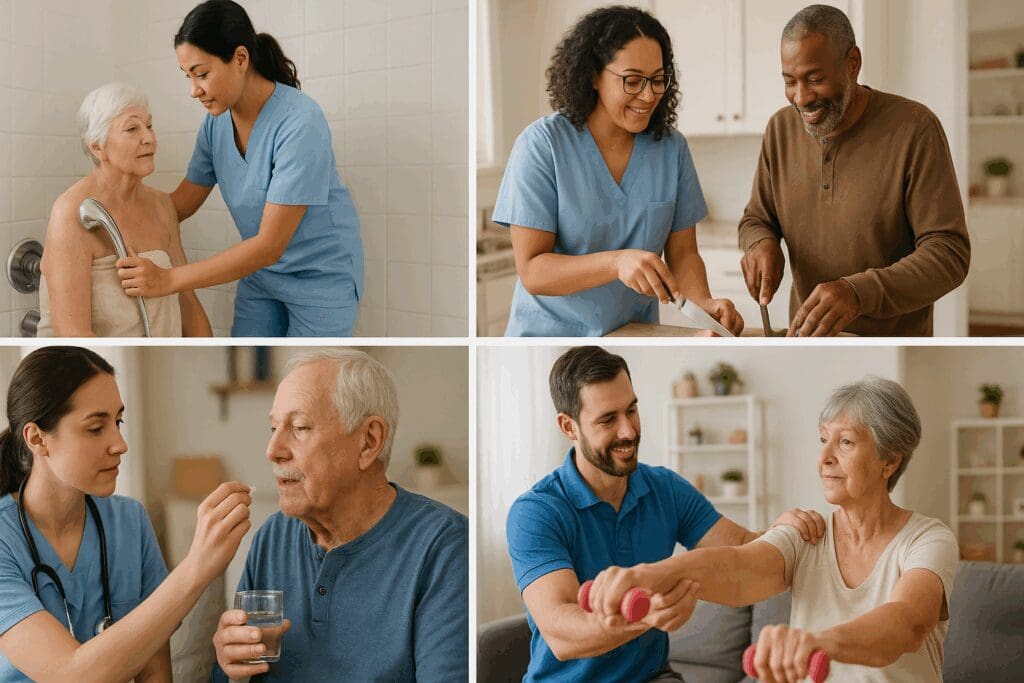 Caregivers providing long term home health care by assisting with bathing, cooking, medication, and physical therapy in a home setting.

